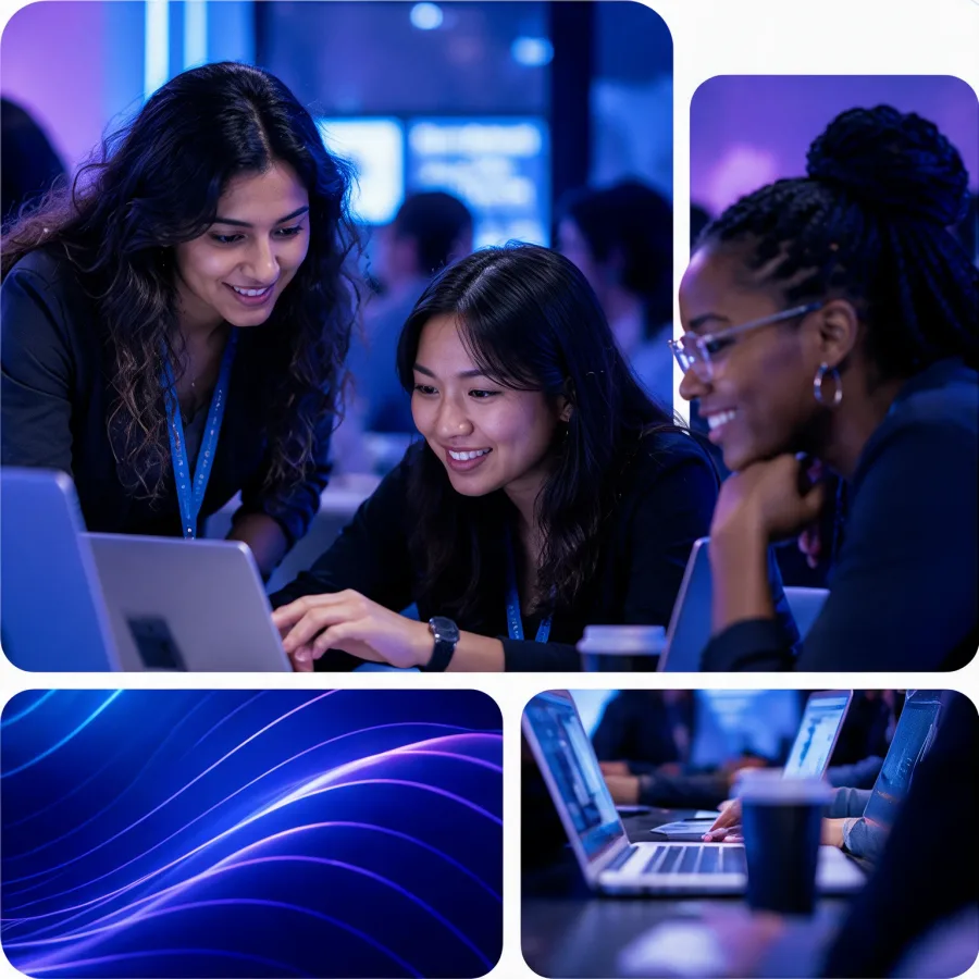 Women in technology collaborating at laptops